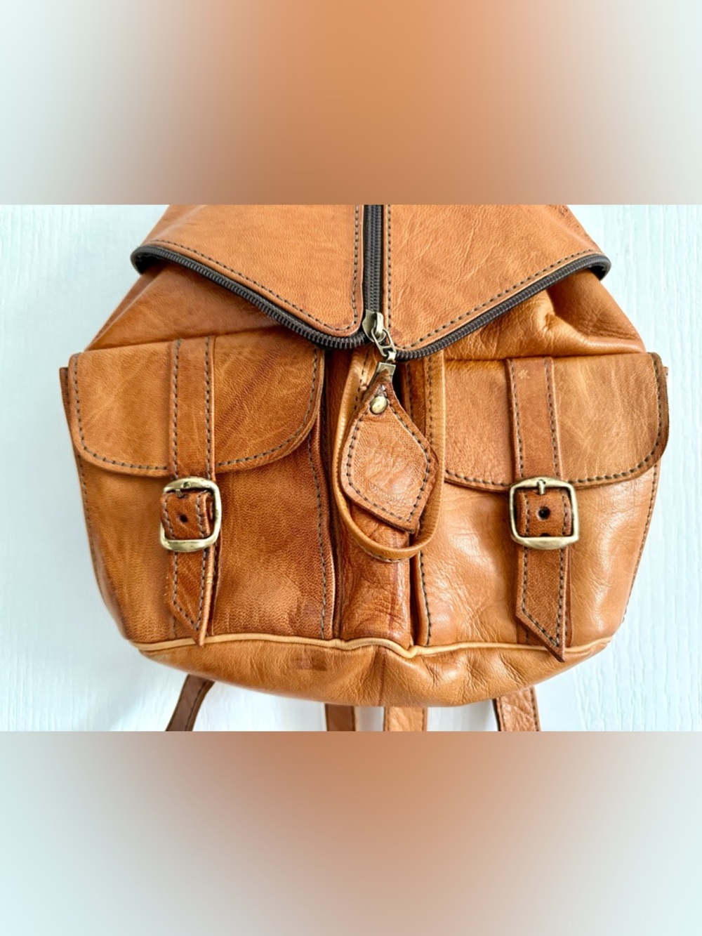 VINTAGE HANDMADE FULL GRAIN MOROCCAN BROWN LEATHER BACKPACK BAG - Picture 3 of 9